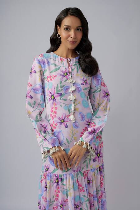 PS Pret By Payal Singhal_Pink Art Georgette Print Blossom Round Neck Tiered Maxi Dress_Online_at_Aza_Fashions