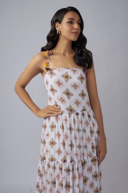 PS Pret By Payal Singhal_Ivory Art Georgette Print Florin Square Neck Basant Tiered Trapeze Dress_Online_at_Aza_Fashions