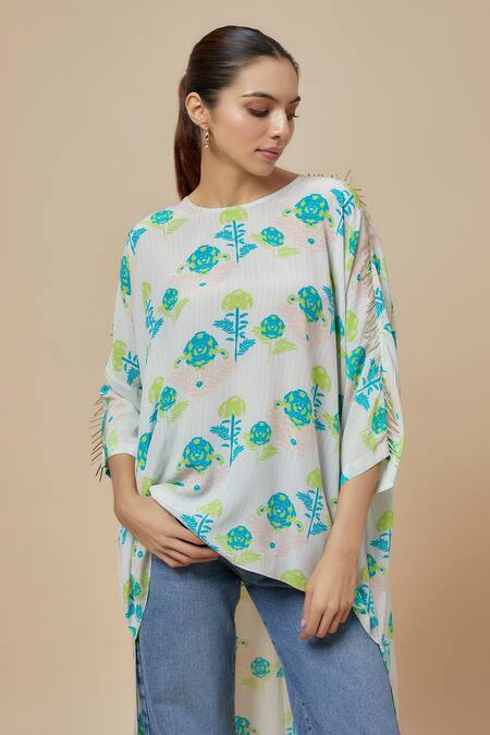 PS Pret By Payal Singhal White Crepe Print Iris Round Neck Jaipuri High Low Top Online at Aza Fashions PS Pret By Payal Singhal_White Crepe Print Iris Round Neck Jaipuri High Low Top_Online_at_Aza_Fashions