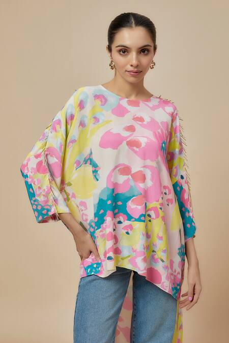PS Pret By Payal Singhal Green Crepe Print Euphoria Round Neck High Low Top Online at Aza Fashions PS Pret By Payal Singhal_Green Crepe Print Euphoria Round Neck High Low Top_Online_at_Aza_Fashions