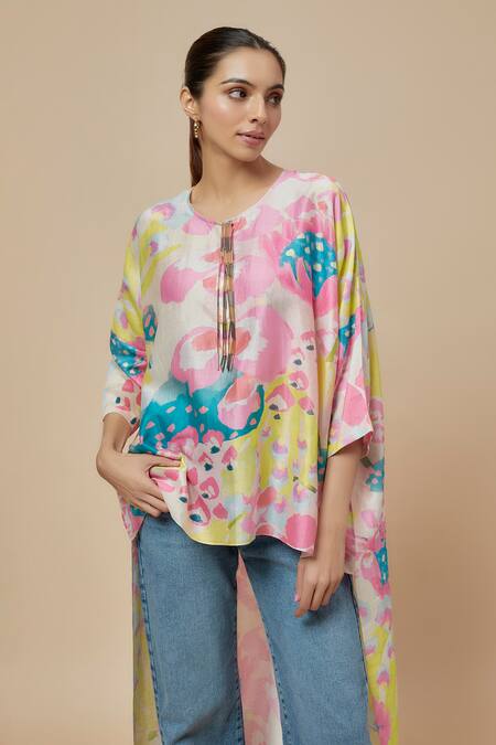 PS Pret By Payal Singhal Green Silkmul Print Euphoria Round Neck High Low Top Online at Aza Fashions PS Pret By Payal Singhal_Green Silkmul Print Euphoria Round Neck High Low Top_Online_at_Aza_Fashions