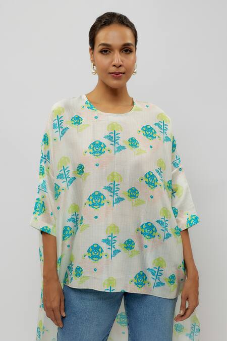 PS Pret By Payal Singhal_Blue Silkmul Print Iris Round Neck High Low Maya Tunic_Online_at_Aza_Fashions