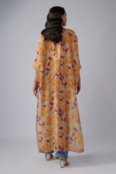 Shop PS Pret By Payal Singhal Brown Silkmul Print Anaar Jaal Round Neck High Low Maya Tunic at Aza Fashions Shop_PS Pret By Payal Singhal_Brown Silkmul Print Anaar Jaal Round Neck High Low Maya Tunic_at_Aza_Fashions