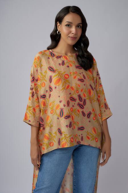 PS Pret By Payal Singhal Brown Silkmul Print Anaar Jaal Round Neck High Low Maya Tunic Online at Aza Fashions PS Pret By Payal Singhal_Brown Silkmul Print Anaar Jaal Round Neck High Low Maya Tunic_Online_at_Aza_Fashions