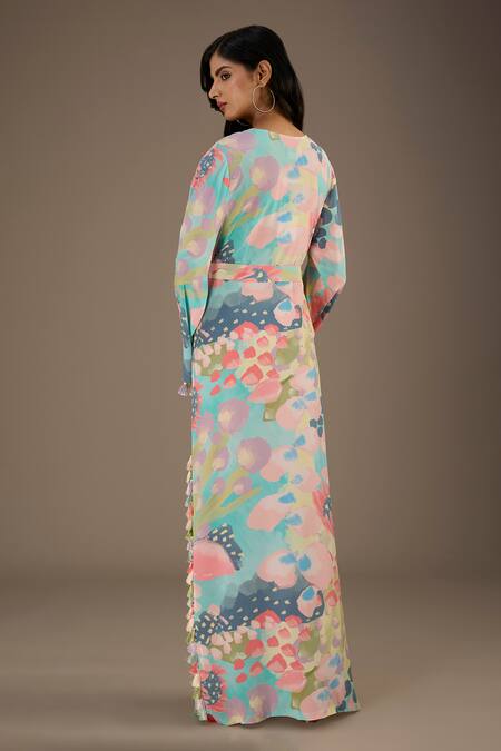 Shop PS Pret By Payal Singhal Multi Color Crepe Tassels Split V-neck Euphoria Dream Print Beyza Kaftan at Aza Fashions Shop_PS Pret By Payal Singhal_Multi Color Crepe Tassels Split V-neck Euphoria Dream Print Beyza Kaftan_at_Aza_Fashions