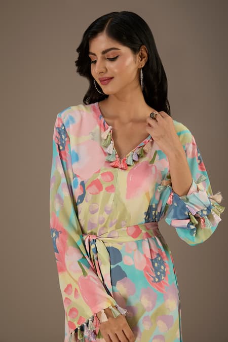 PS Pret By Payal Singhal Multi Color Crepe Tassels Split V-neck Euphoria Dream Print Beyza Kaftan Online at Aza Fashions PS Pret By Payal Singhal_Multi Color Crepe Tassels Split V-neck Euphoria Dream Print Beyza Kaftan_Online_at_Aza_Fashions