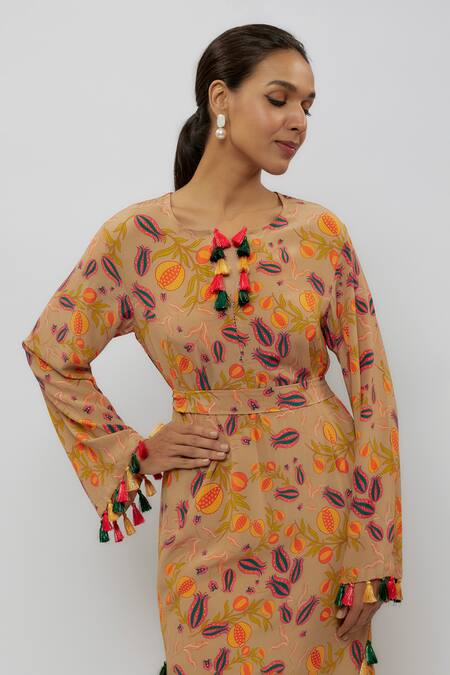 PS Pret By Payal Singhal_Brown Crepe Tassels Round Neck Anaar Jaal Print Beyza Kaftan_Online_at_Aza_Fashions