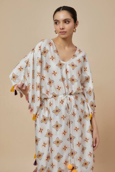 PS Pret By Payal Singhal_Ivory Silkmul Print Florin V Neck Basant Kaftan_Online_at_Aza_Fashions