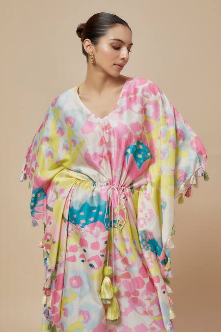 PS Pret By Payal Singhal_Green Silkmul Print Euphoria V Neck Kaftan_Online_at_Aza_Fashions