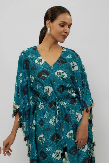 PS Pret By Payal Singhal Blue Silkmul Print Safari V Neck Jaal Kaftan Online at Aza Fashions PS Pret By Payal Singhal_Blue Silkmul Print Safari V Neck Jaal Kaftan_Online_at_Aza_Fashions
