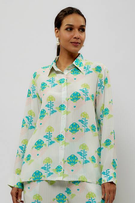 Buy_PS Pret By Payal Singhal_Green Crepe Embroidery Collared Iris Jaipuri Print Shirt With Pant_Online_at_Aza_Fashions