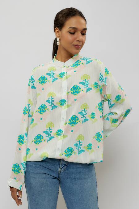 PS Pret By Payal Singhal_Ivory Crepe Print Jaipur Floral Stand Collar Top_Online_at_Aza_Fashions