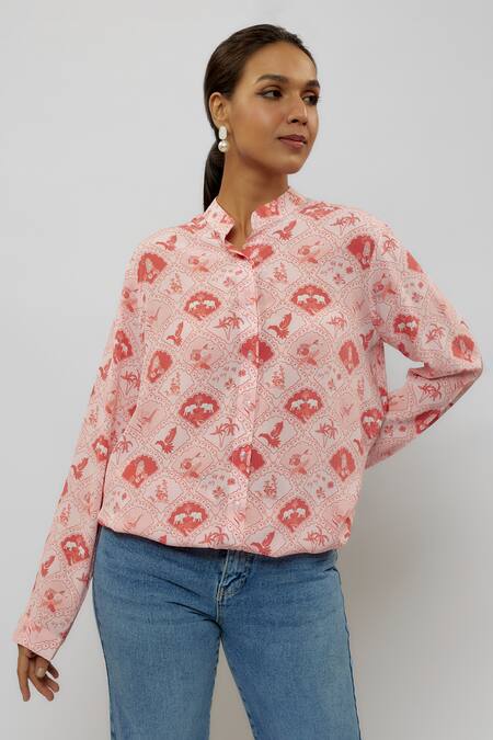 PS Pret By Payal Singhal_Pink Crepe Print Safari Stand Collar Top_Online_at_Aza_Fashions