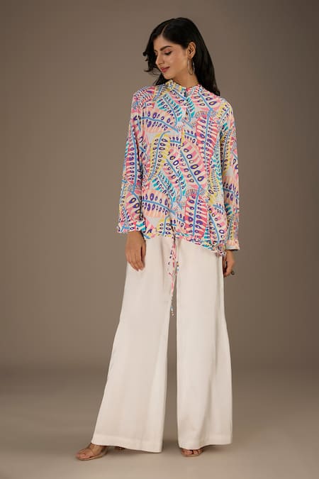 PS Pret By Payal Singhal Blue Crepe Print Poison Ivy Stand Collar Top 
