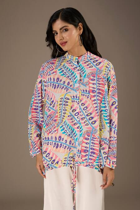 PS Pret By Payal Singhal_Blue Crepe Print Poison Ivy Stand Collar Top _Online_at_Aza_Fashions