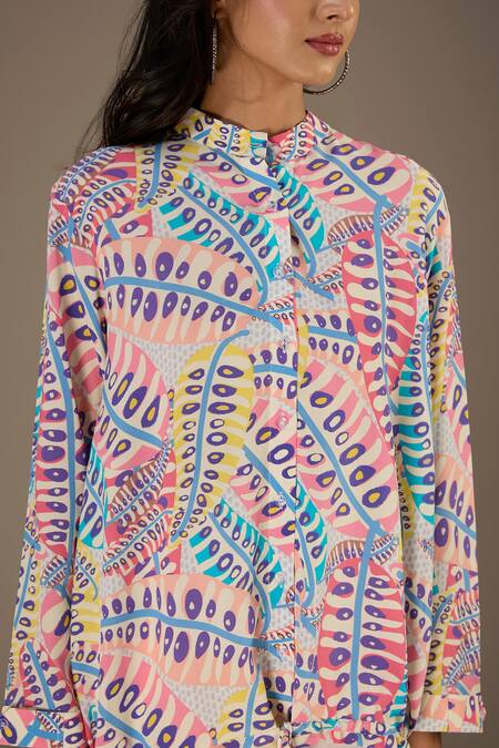 Buy_PS Pret By Payal Singhal_Blue Crepe Print Poison Ivy Stand Collar Top _Online_at_Aza_Fashions