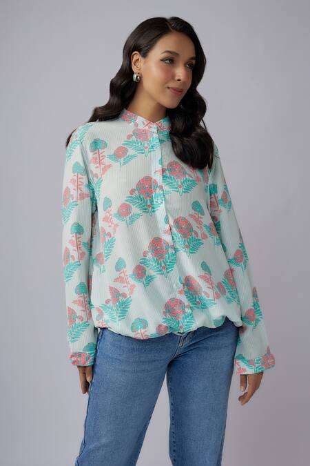 PS Pret By Payal Singhal_Pink Crepe Print Jaipur Floral Stand Collar Top _Online_at_Aza_Fashions