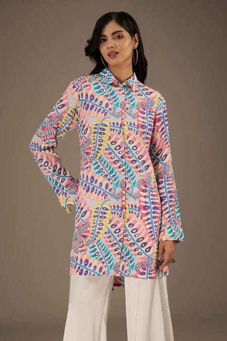 PS Pret By Payal Singhal_Blue Crepe Print Poison Ivy Collared Neck Long Shirt_Online_at_Aza_Fashions