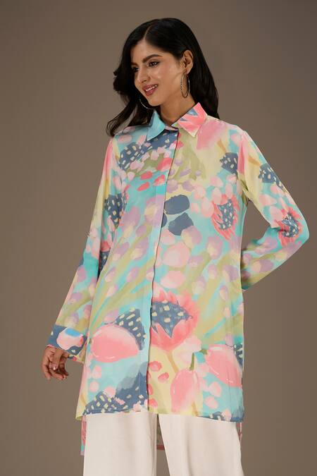 Buy_PS Pret By Payal Singhal_Multi Color Crepe Print Euphoria Collared Neck Long Shirt_Online_at_Aza_Fashions