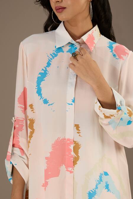 Buy_PS Pret By Payal Singhal_White Crepe Print Ikat Splash Collared Neck Shirt_Online_at_Aza_Fashions