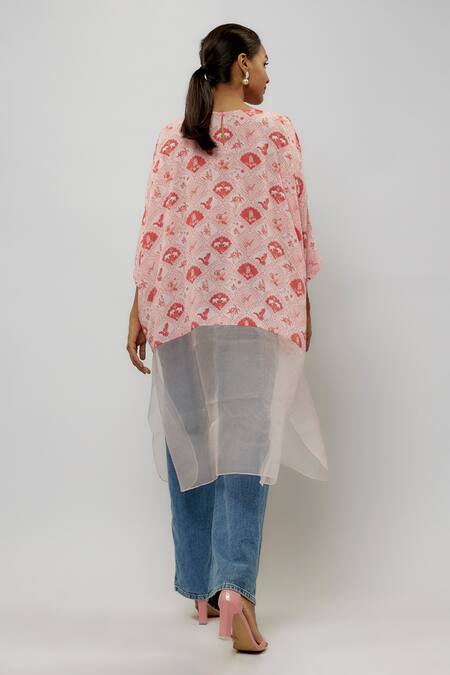 Shop PS Pret By Payal Singhal Pink Crepe Print Safari Round Neck Long Tunic at Aza Fashions Shop_PS Pret By Payal Singhal_Pink Crepe Print Safari Round Neck Long Tunic_at_Aza_Fashions