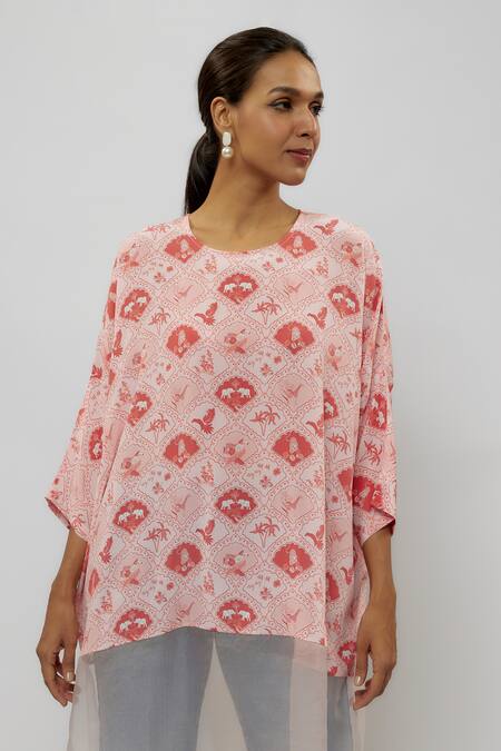 PS Pret By Payal Singhal Pink Crepe Print Safari Round Neck Long Tunic Online at Aza Fashions PS Pret By Payal Singhal_Pink Crepe Print Safari Round Neck Long Tunic_Online_at_Aza_Fashions