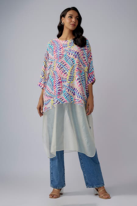 PS Pret by Payal Singhal Blue Crepe Print Poison Ivy Round Neck Long Tunic 