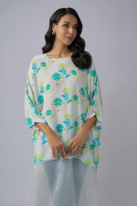 PS Pret By Payal Singhal_Green Crepe Print Jaipur Floral Round Neck Tunic_Online_at_Aza_Fashions