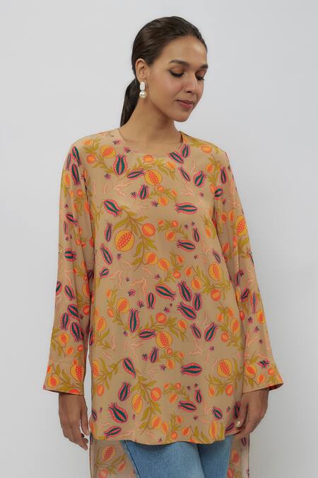 PS Pret By Payal Singhal Brown Crepe Print Abstract Floral Round Neck Tunic Online at Aza Fashions PS Pret By Payal Singhal_Brown Crepe Print Abstract Floral Round Neck Tunic_Online_at_Aza_Fashions
