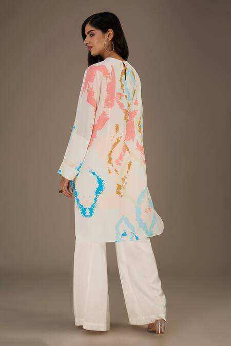 Shop PS Pret By Payal Singhal White Crepe Print Ikat Splash Round Neck Tunic at Aza Fashions Shop_PS Pret By Payal Singhal_White Crepe Print Ikat Splash Round Neck Tunic_at_Aza_Fashions