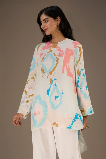 PS Pret By Payal Singhal White Crepe Print Ikat Splash Round Neck Tunic Online at Aza Fashions PS Pret By Payal Singhal_White Crepe Print Ikat Splash Round Neck Tunic_Online_at_Aza_Fashions