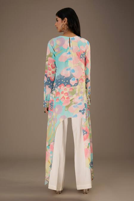 Shop PS Pret By Payal Singhal Multi Color Crepe Print Euphoria Round Neck Asymmetric Tunic at Aza Fashions Shop_PS Pret By Payal Singhal_Multi Color Crepe Print Euphoria Round Neck Asymmetric Tunic_at_Aza_Fashions