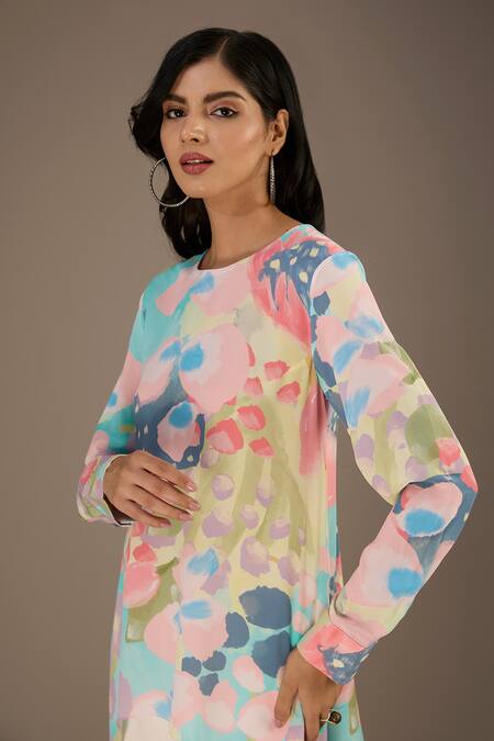 PS Pret By Payal Singhal Multi Color Crepe Print Euphoria Round Neck Asymmetric Tunic Online at Aza Fashions PS Pret By Payal Singhal_Multi Color Crepe Print Euphoria Round Neck Asymmetric Tunic_Online_at_Aza_Fashions