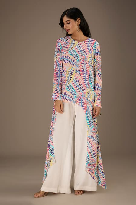 PS Pret by Payal Singhal Multi Color Crepe Print Poison Ivy Round Neck Asymmetric Tunic 