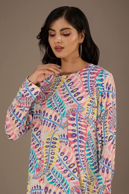 PS Pret By Payal Singhal_Multi Color Crepe Print Poison Ivy Round Neck Asymmetric Tunic_Online_at_Aza_Fashions
