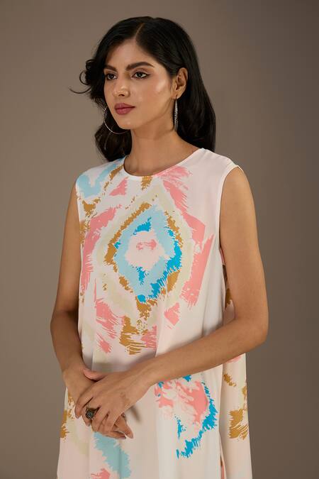 PS Pret By Payal Singhal_White Crepe Round Neck Ikat Splash Print Asymmetric Dress_Online_at_Aza_Fashions