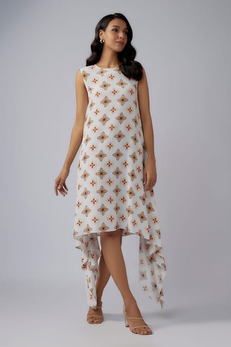 PS Pret by Payal Singhal Ivory Crepe Print Floral Basant Round Neck Dress 