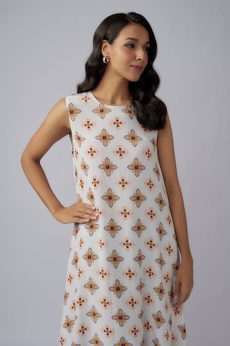PS Pret By Payal Singhal_Ivory Crepe Round Neck Floral Basant Print Dress_Online_at_Aza_Fashions