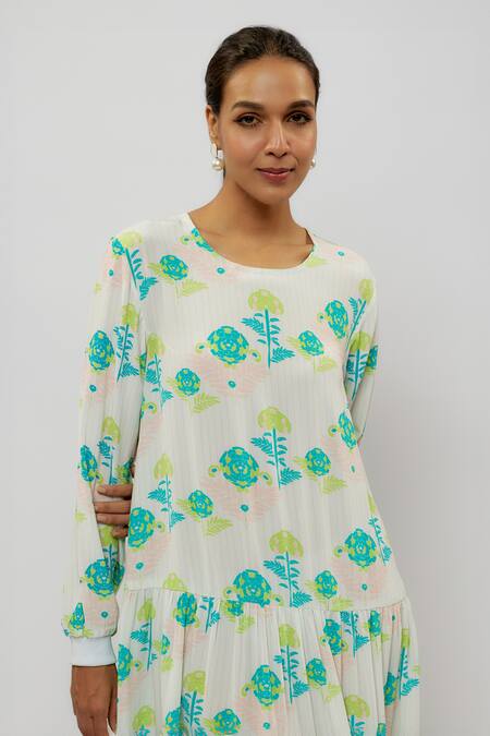 PS Pret By Payal Singhal_Blue Crepe Round Neck Jaipur Floral Print Dress_Online_at_Aza_Fashions