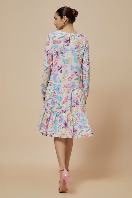 Shop PS Pret By Payal Singhal Pink Crepe Round Neck Floral Dream Print Dress at Aza Fashions Shop_PS Pret By Payal Singhal_Pink Crepe Round Neck Floral Dream Print Dress_at_Aza_Fashions