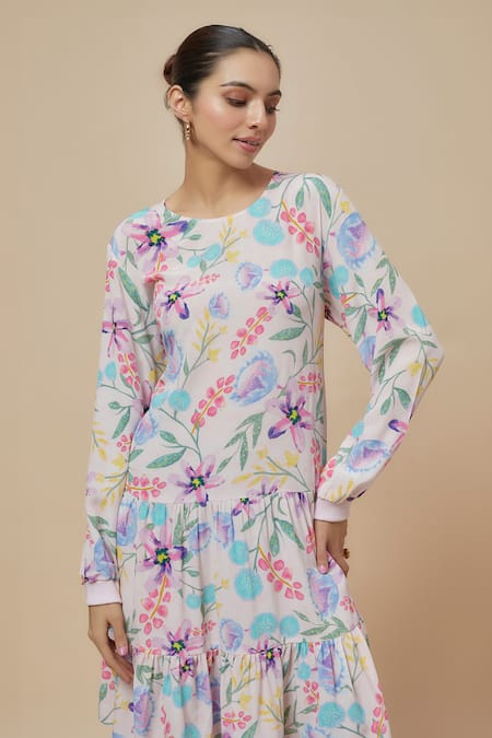 PS Pret By Payal Singhal Pink Crepe Round Neck Floral Dream Print Dress Online at Aza Fashions PS Pret By Payal Singhal_Pink Crepe Round Neck Floral Dream Print Dress_Online_at_Aza_Fashions