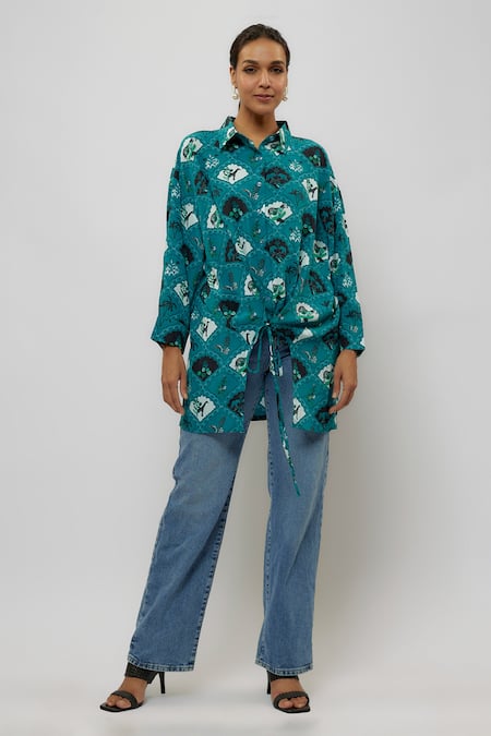 PS Pret by Payal Singhal Blue Crepe Print Safari Collared Neck Jungle Shirt 