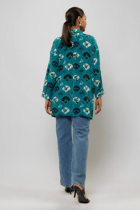 Shop PS Pret By Payal Singhal Blue Crepe Print Safari Collared Neck Jungle Shirt at Aza Fashions Shop_PS Pret By Payal Singhal_Blue Crepe Print Safari Collared Neck Jungle Shirt_at_Aza_Fashions