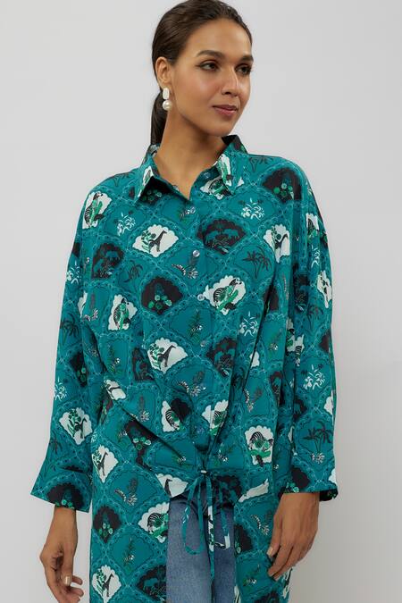 PS Pret By Payal Singhal Blue Crepe Print Safari Collared Neck Jungle Shirt Online at Aza Fashions PS Pret By Payal Singhal_Blue Crepe Print Safari Collared Neck Jungle Shirt_Online_at_Aza_Fashions