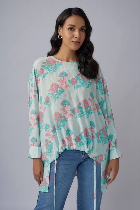 PS Pret By Payal Singhal Pink Crepe Print Jaipur Floral Round Neck Top Online at Aza Fashions PS Pret By Payal Singhal_Pink Crepe Print Jaipur Floral Round Neck Top_Online_at_Aza_Fashions