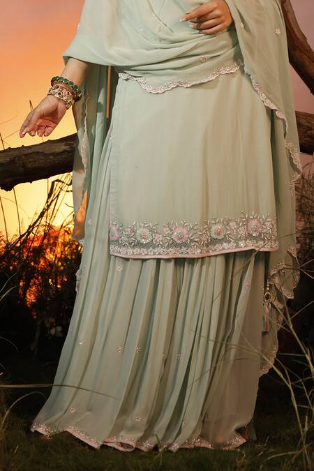 Ishram Couture_Green Viscose, Georgette Sequins, Beads, Satya Floral Kurta Skirt Set _Online_at_Aza_Fashions