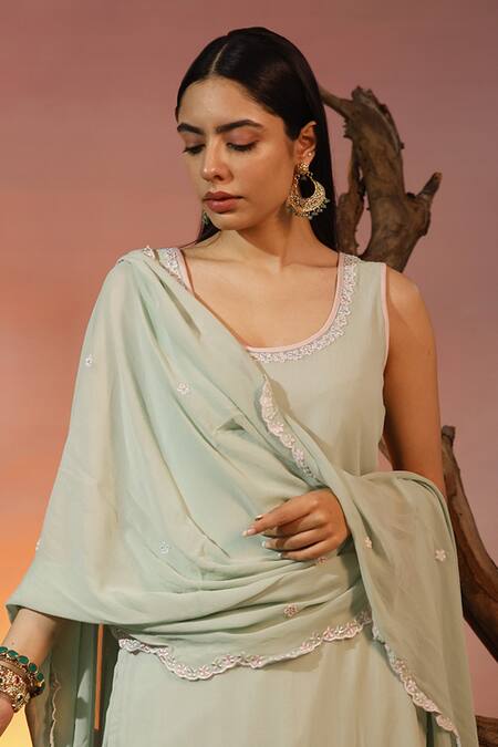 Buy_Ishram Couture_Green Viscose, Georgette Sequins, Beads, Satya Floral Kurta Skirt Set _Online_at_Aza_Fashions