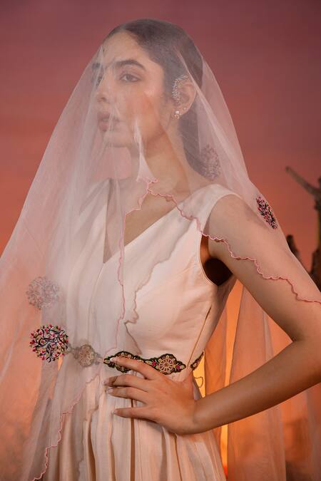 Ishram Couture_Peach Organza, Handloom Cotton, Chanderi Varahi Beadwork Anarkali With Dupatta _Online_at_Aza_Fashions