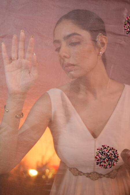 Buy_Ishram Couture_Peach Organza, Handloom Cotton, Chanderi Varahi Beadwork Anarkali With Dupatta _Online_at_Aza_Fashions