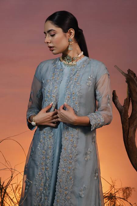 Ishram Couture_Blue Cotton, Silk Organza Beads, Embroidery Round Neck Yati Jacket With Tunic _Online_at_Aza_Fashions